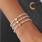 Irikdescia 14K Versilbertes Perlenarmband, Silbernes Armband Damen Mit Herz Anhänger, Elegantes Perlenarmband Mit Weißer Perle, Schöne Perlen Armbänder Frauen(Silber)