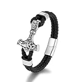 Wikinger Lederarmband Thors Hammer – Edelstahl Mjölnir Armband mit Magnetverschluss – Nordische Mythologie Schmuck für Herren & Damen – Viking Biker Mittelalter Accessoire (19/21/23 cm) (19 cm Länge)