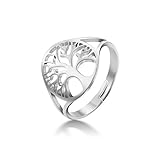 Dreamtimes Baum des Lebens Hohler Ring Hochglanzpolierter Edelstahl Hohler Ring Öffnung Einstellbar Einfaches Rundes Design Modeschmuck Ehering Wikinger Glücksring für Damen und Herren (Silber-)