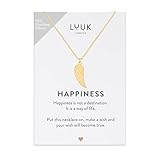 LUUK LIFESTYLE Halskette mit Engelsflügel Anhänger und HAPPINESS Geschenkkarte, 925er Sterlingsilber, alltagstauglicher Modeschmuck, Boho Muster, Gold