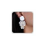 Boho Blume Cluster Baumeln Ohrringe Gold Acryl Weiße Blume Ohrringe Braut Lange Rose Blume Tropfen Ohrringe Blumenblatt Hochzeit Ohrringe Gänseblümchen Bräute Bolzen Aussage Ohrringe Schmuck Frauen