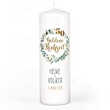 Herz & Heim® Kerze zur Goldenen Hochzeit, 4 Motive mit Eukalyptus zur Wahl, personalisiert mit Namen & Datum (Motiv 4)