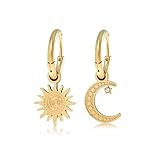 Made by Nami Set Ohrringe Gold Hängend mit Sonne & Mond Anhänger Ohrringe Set aus Chirugischem Edelstahl Boho Schmuck Damen Hypoallergen Wasserfester Schmuck