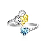 Qings März Aquamarin Geburtsstein Ring mit Mama Töchter Design 925 Sterling Silber Mutter und Tochter Herz Zirkonia Ring