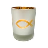 Kerzenhalter aus Glas mit Goldenem Fisch-Symbol, Weiß-Matt, Goldener Innenbereich