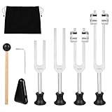 LustLocke Stimmgabel Set (128Hz/256Hz/512Hz/1024Hz) für Frequenztherapie, 4 Stimmgabeln für Stimmgabel Therapie, Yoga und Meditation (mit Hammer)