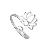 Dreamtimes Lotus Flower Ringe für Frauen Ermutigung Lotus Flower verstellbarer Ring Vintage Schmuck Buddha Yoga Ring Hochzeit Mutter Bague Geschenk (Silber)