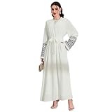 KRUIHAN Gebetskleidung für Frauen Open Front Weiß Abaya Damen Arabische Kleidung Frauen mit Stickereien,Fransen und Taschen,Muslimische Kleider Damen Kaftan Eid Ramadan Islamische Geschenke