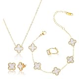 5 pcs Vierblättriges Kleeblatt Schmuckset ，18 Karat vergoldetes vierblättriges Kleeblatt,Glücklich Set mit vier Blättern für Damen，Halskette,Ohrringe,Armband,Ring，Hypoallergenes Emaille-Schmuckset