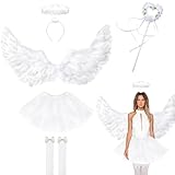 5 Stück Engel Kostüm Damen Set, 80CM Engelsflügel Weiß Erwachsenes, Engel Teufel Kostüm Damen, Engelsflügel Weiß mit Tütü Rock, Heiligenschein Zauberstab und Kniestrümpfe, Fasching Verkleidung