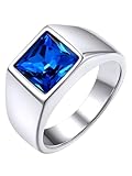 GoldChic 316L Edelstahl Herren Zirkon Ring mit 8mm breit Quadratischem Blautopas Hip Hop Geburtsstein Ring Mode Zirkonia Fingerring in Silber Ringgröße 70（22.3）