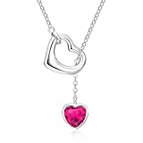 Qings Damen Rubin Geburtsstein Juli Kette Sterling Silber 925 Herz Anhänger Halskette mit Glänzendem Heart Zirkonia Geburtstag Weihnachten Muttertag Schmuck Geschenk für Mutter Mädchen