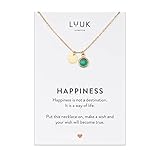 LUUK LIFESTYLE Hochwertige Kette mit grünem Kristall Anhänger und persönlicher Spruchkarte, Glücksbringer, Yoga-Kette, Layer Look, Edelstahl Abendschmuck, Gold
