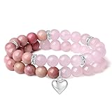 AWARDSEN 2 PCS Herz Armband Damen, Rosa Kristall Edelstein 8mm Edelstein Schmuck, Heilsteine Armband, Partnerarmbänder Geschenk für Frauen (Rosenquarz Und Rosenpyroxen)