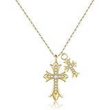 VCCKNB JEWELRY Doppelkreuz Halskette für Frauen 14K vergoldet Cubic Zirkonia Vintage Keltische Kreuz Anhänger Halskette für Mädchen (A-Gold Kreuz Halskette)