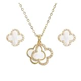 Hanaoops Vierblättriges Kleeblatt Schmuckset für Damen und Mädchen Titan Edelstahl Schwarz Glücksklee Anhänger Halskette und Ohrringe Set Hypoallergen Zierliche Schmuck Set Geschenke (Weißgold)