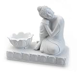 TEMPELWELT® Deko Figur Ruhender Buddha sitzend mit Teelichthalter 14 x 12 cm, Polystein weiß, Dekofigur Buddha Gauthama schlafend ruhend mit Kerzenhalter