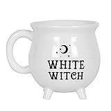 Weiße Tasse mit Hexenkessel-Design.