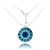 Boho Mandala Design Rund oder Oval Anhänger mit Einstellbar Edelstahl Halsketten Kette Schmuck für Damen (Stil 10 - Blau)