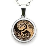 treeforce Edelstahl Halskette in Gold und Silber mit Holzemblem in schwarzem Geschenksetui, unisex (Yin Yang Baum, Silber)