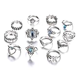 LEEQBCR 13 Stück Kristall Boho Ring Silber Ringe Set Finger Ringe Mode Krone Knöchel Ring für Frauen und Mädchen