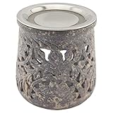 Handgefertigtes Räucherstövchen aus indischem Speckstein, graublau-marmoriert – Design „Jamal“ – inkl. Edelstahlsieb & Metallscheibe – 10 cm Höhe, Unikat