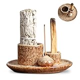 4 in 1 Keramik Räucherschale für Palo Santo, jedes Räucherwerk, Weißer Salbei Räuchern, Räucherstäbchen und Kerzenhalter, Keramik Aschefänger Tablett für Yoga/Meditation (Weiß Gesprenkelt)