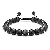 TINGN Lavastein Armband, 8mm Schwarz Matt Achatstein Perle für Männer und Damen, Stressabbau Yoga Verstellbares Herren Armband