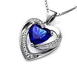 DEPHINI Halskette mit Herz-Anhänger 925 Silber mit weißen Zirkonia und blauen Geburtsstein verziert mit Zirkonia-Kristall für Damen, 45,7 cm lange Kette + Schmuckschatulle