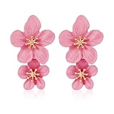 Doppelte Blumenohrringe, 3D-Blumenohrringe Florale Baumelnde Ohrringe Boho-Ohrstecker Schicke Wildblumenohrringe Statement-Schmuck für Frauen Mädchen Hochzeit Party (Rosa)