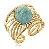 Made by Nami Boho Ring Gold Damen mit Edelstein Ring Verstellbar aus Chirurgischem Edelstahl 316 Geschenke für Frauen Wasserfester Schmuck (Sonnenstrahlen Gold)