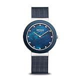 BERING Damen Quarz Uhr | Armbanduhr 35 mm silbernes Edelstahlgehäuse und blaues Zifferblatt | Milanaisearmband | Saphierglas | 5 ATM | 11435-387