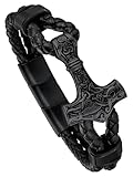 FaithHeart Schwarz Lederarmband Herren Damen Thors Hammer Armband 21CM Wikinger Armreif Manschettenarmband Herren Leder Lederband mit Magnetverschluss Wickelarmband Schmuck für Weihnachten