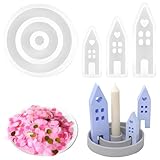 4 Stück Silikonform Kerzenhalter Set, 3 Häusern und 1 Kerzenhalter, Gießformen Silikon Häuser, Seife Und Handwerk, mit Bunte Konfetti, für Sojawachs Kerzen, DIY Dekoration