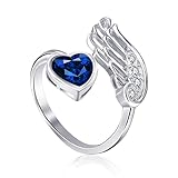 Qings Saphir September Geburtsstein Ringe Sterling Silber Damen Verstellbarer Birthstone Flügel Feder Dunkelblau Herz Zirkonia Verlobungsring Eheringe Geburtsstein Schmuck für Frau Freundin