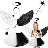 Eyezeeption Halloween Karneval Kinder Kostüm Engelsflügel Schwarz Weiß Engel Kostüm Mädchen, Teufel Engel Kostüm Kinder Zauberstab Engelsflügel für Halloween und Karneval Party Cosplay