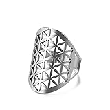 Amaxer Edelstahl Blume des Lebens Mandala Heilige Geometrie Ring für Frauen Aussage Ausgehöhlt Verstellbarer Bandring Schmuck für Dame (Silber)