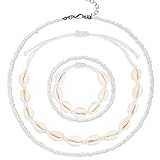 Lucktao 4 Stück Muschel Halskette Armband Set,Damen Natural Shell Choker Halsketten Armband Schmuck Set Boho Muschelkette,Halskette verstellbares Armband für Damen Mädchen Sommer Strand Schmuck.