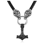 PiercingJak Herren Thors Hammer Halskette Wikinger Fenris Wolf Geflochtene Lederkette mit Edelstahl Mjölnir Keltischer Knoten Anhänger Nordischer Schmuck Amulett Mann, Schwarz