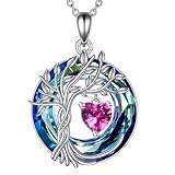 POPLYKE Lebensbaum Geburtsstein kette für Damen 925 Sterling Silber Baum des Lebens Schmuck Rosenquarz Rosa Anhänger Oktober Geburtsstein Edelstein mit Kristall Weihnachtsgeschenke für Mutter Ehefrau