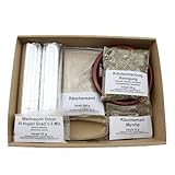 Räucherset „Hausreinigung“ – 9 TLG. – Kräuter-Mischung Reinigung m. Weihrauch Oman Al-Hojari u. Myrrhe - Räucherschale u. Zubehör – Geschenkkarton mit Klarsichtdeckel (Rote Speckstein-Schale)