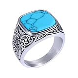 JewelryWe Türkis Ring Siegelring für Herren: Vintage Schnitzerei Edelstahl Herrenring Quadratischer Fingerring mit Blauem Türkisstein Retro Biker Band Schmuck Geschenk für Männer Größe 65