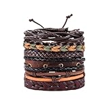dinghaole 6 Stück Leder Armbänder, Armband Herren, Armband Herren Leder, Geflochtene Armband Set, Geflochtene Vintage Gewebte Leder Holz Perlen Manschette Verstellbare Armbänder Set