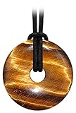 Kaltner Präsente Edelstein Halskette mit Anhänger/Tigerauge/Lederband mit Donut Anhänger/Hochwertiger Edelsteinanhänger mit Lederkette/Ø Edelsteindonut 40 mm