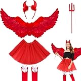 5 Stück Engel Kostüm Damen Set, 80CM Engelsflügel Rot Erwachsenes, Engel Teufel Kostüm Damen, Engelsflügel Rot mit Tütü Rock, Devil Headwear und Kniestrümpfe, Fasching Verkleidung