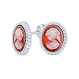 Klassische Antike Vintage Stil Terrakotta Rot Weiß Geschnitzte Ovale Gerahmte Viktorianische Damenporträt Kamee Ohrstecker Für Frauen .925 Sterling Silber