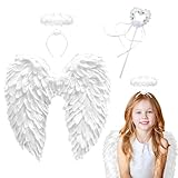 45cm Engelsflügel Weiß, Engel Flügel mit Heiligenschein, Gefallener Engel mit Zauberstab, Engel und Teufel Flügel Kostüm Damen, Kostüm Engel für Party Fasching Deko