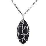 Thajaling Schwarzer Obsidian Anhänger Vintage Reiki Heilkristall Anhänger Halskette Silber Baum des Lebens Draht umwickelt Edelstein Chakra Halskette