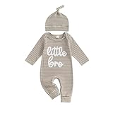 Barbotimer Little Brother Strampler für Neugeborene, bestickt, Waffelmuster, gestreift, langärmelig, Retro, langärmelig, Body, Mütze, niedlich, 2-teilig, für Herbst und Winter, coffee, 3-6 Months