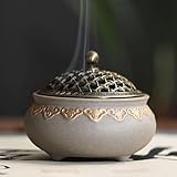 Keramik Weihrauchbrenner, Vintage Räuchergefäß Räucherstäbchenhalter Halter, Rund Chinesisch Porzellan Räucherschale mit Feuerfeste Matte und Metall Deckel für Home Deko Geschenk